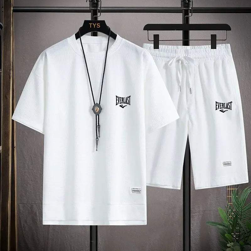 Men's 2-Piece Waffle Pattern Shorts Set Summer Tracksuit