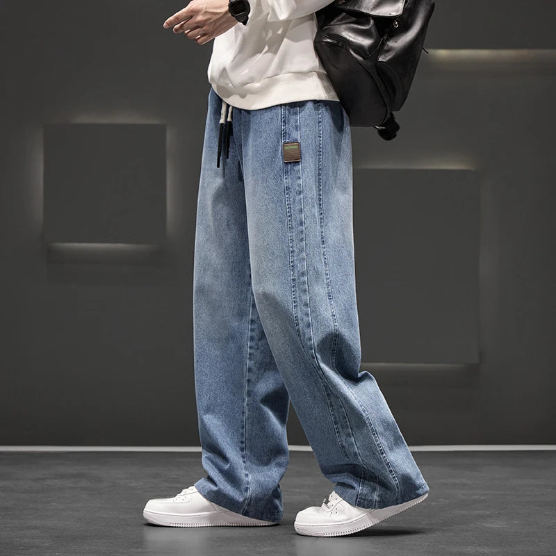 Men's Wide Leg Solid Cotton Blend Jeans - Neutral Trousers