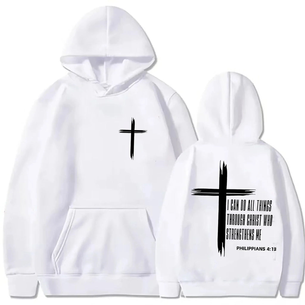 Men's Hoodie with Religious Cross and Motivational Prints
