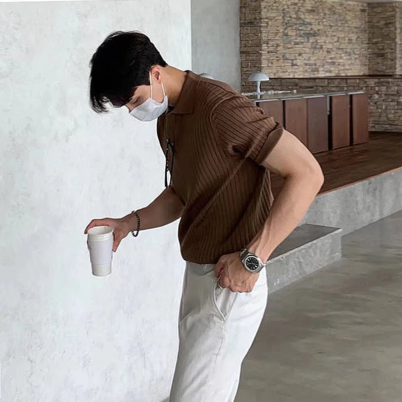 Men's Retro Striped Knit Polo Shirt - Short Sleeve Lapel