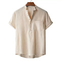 Men's Cotton Linen Henley T-Shirt - Short Sleeve Beach Style