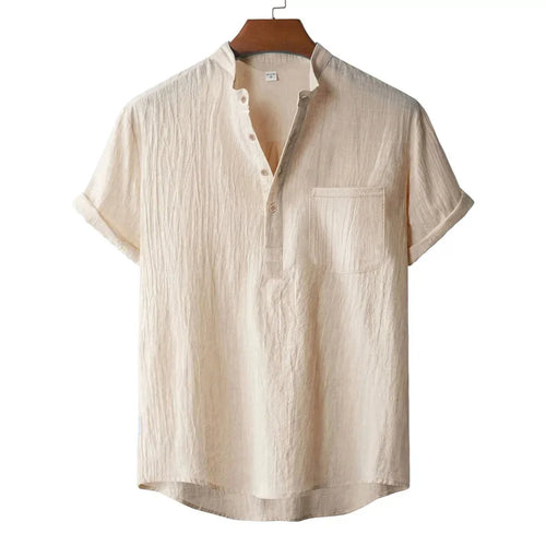 Men's Cotton Linen Henley T-Shirt - Short Sleeve Beach Style