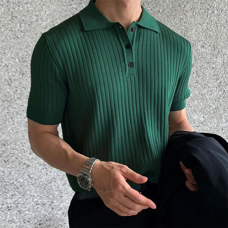 Men's Retro Striped Knit Polo Shirt - Short Sleeve Lapel