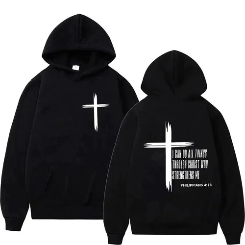 Men's Hoodie with Religious Cross and Motivational Prints