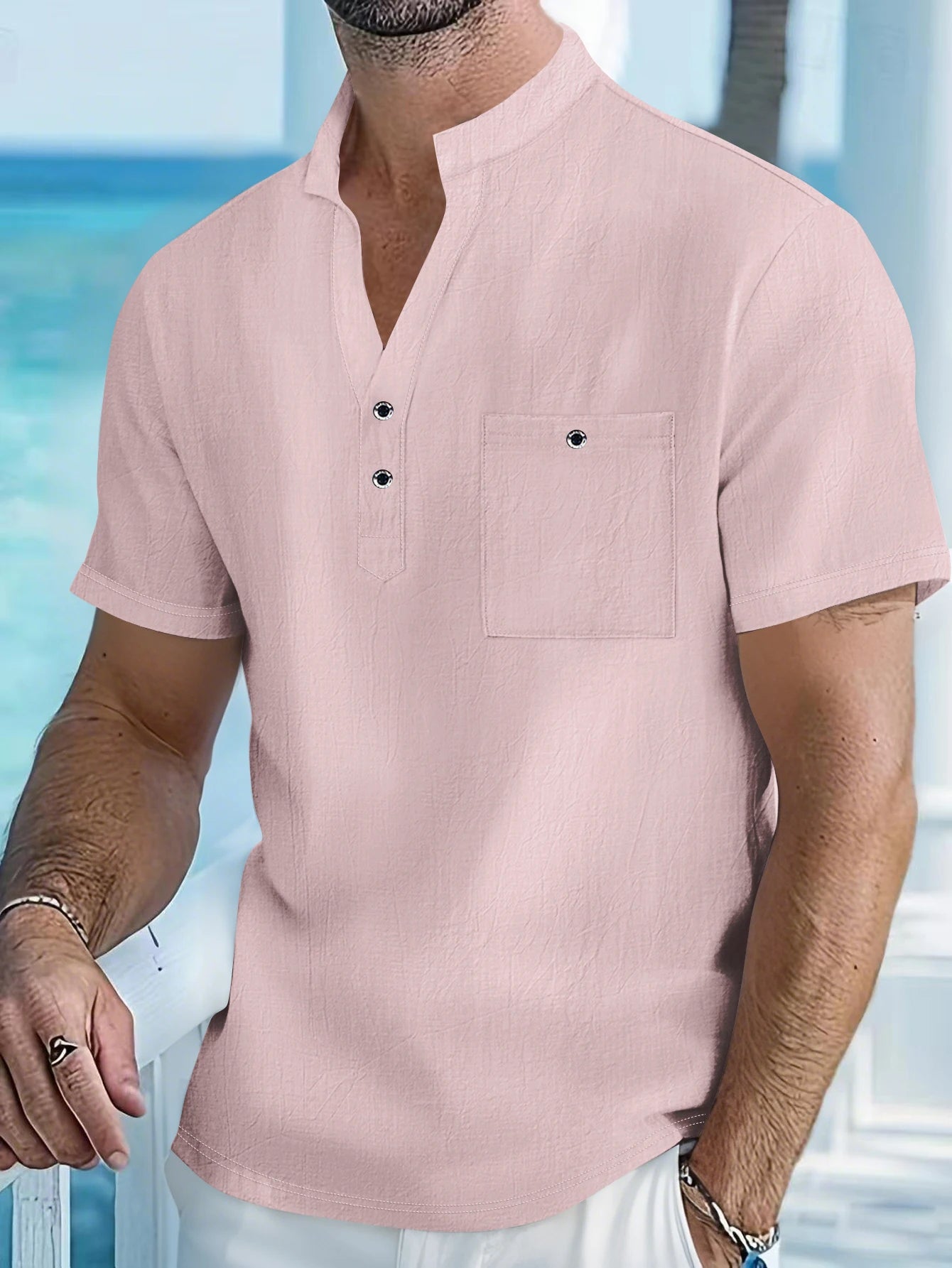 Men's Cotton Linen Short-Sleeve Shirt - Stand Collar Half-Button