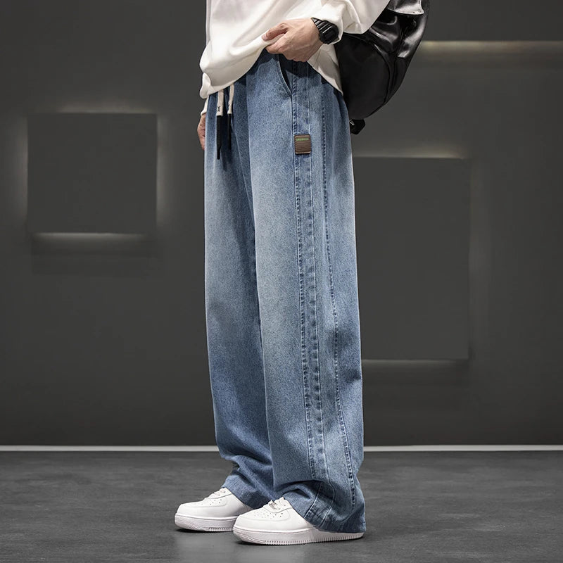 Men's Wide Leg Solid Cotton Blend Jeans - Neutral Trousers