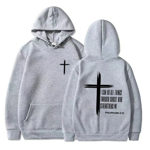 Men's Hoodie with Religious Cross and Motivational Prints