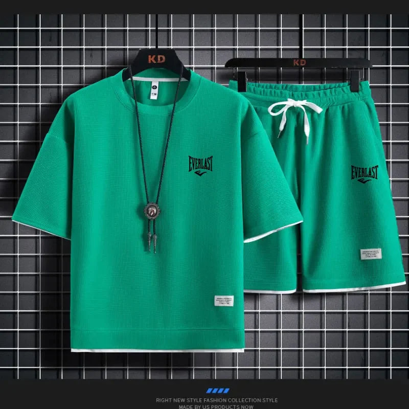 Men's 2-Piece Waffle Pattern Shorts Set Summer Tracksuit