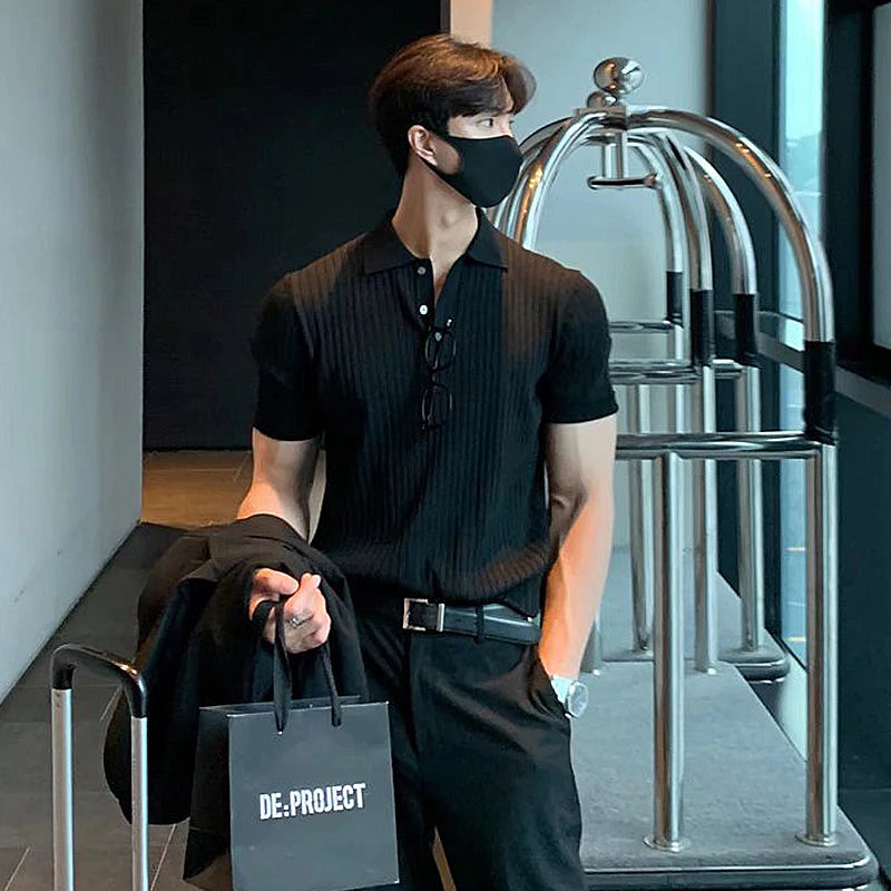 Men's Retro Striped Knit Polo Shirt - Short Sleeve Lapel
