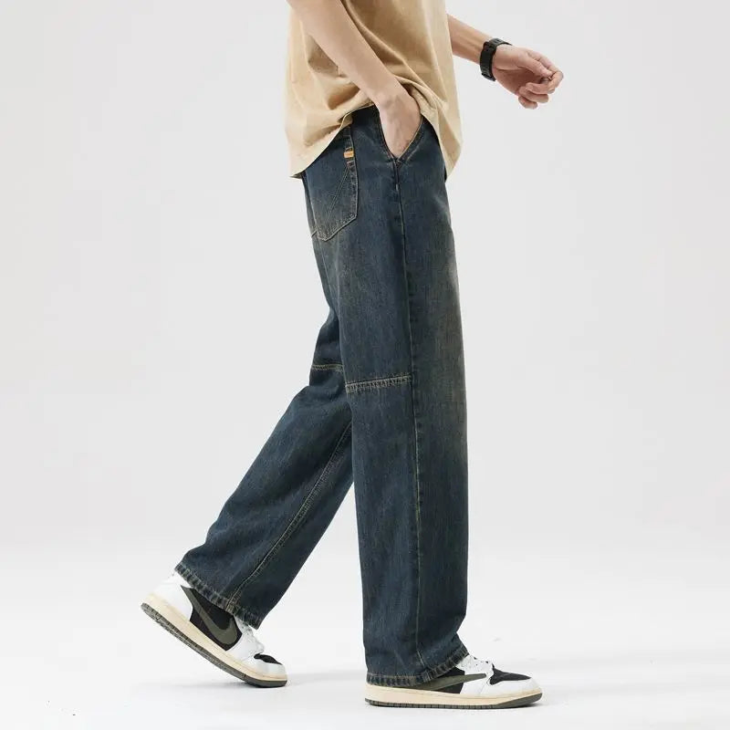 Splicing Design Wide-Leg Jeans - Korean Retro Straight Pants