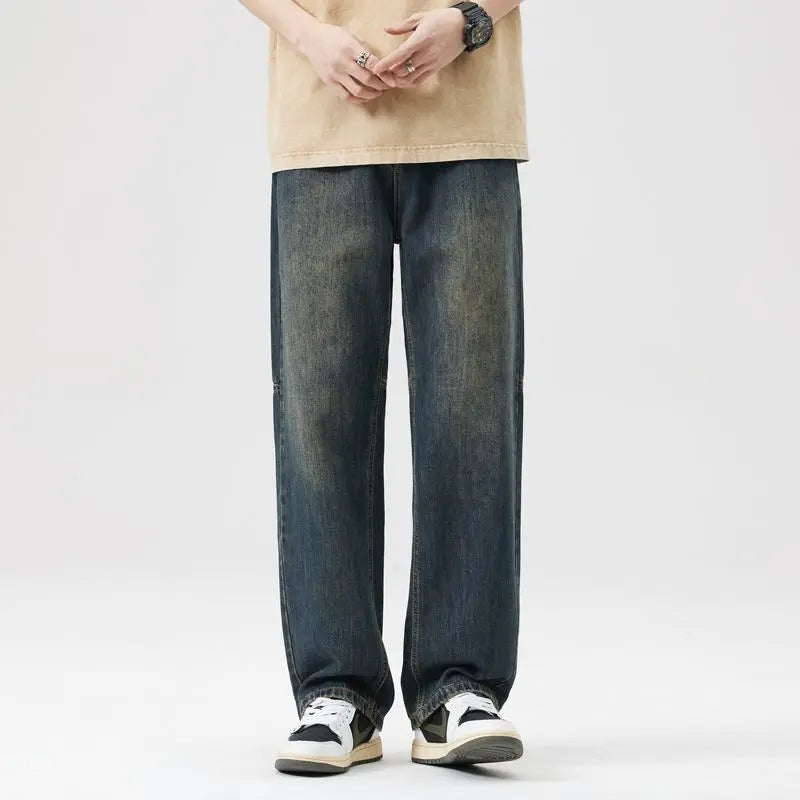 Splicing Design Wide-Leg Jeans - Korean Retro Straight Pants