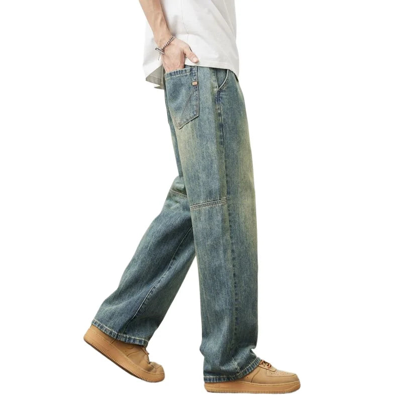 Splicing Design Wide-Leg Jeans - Korean Retro Straight Pants