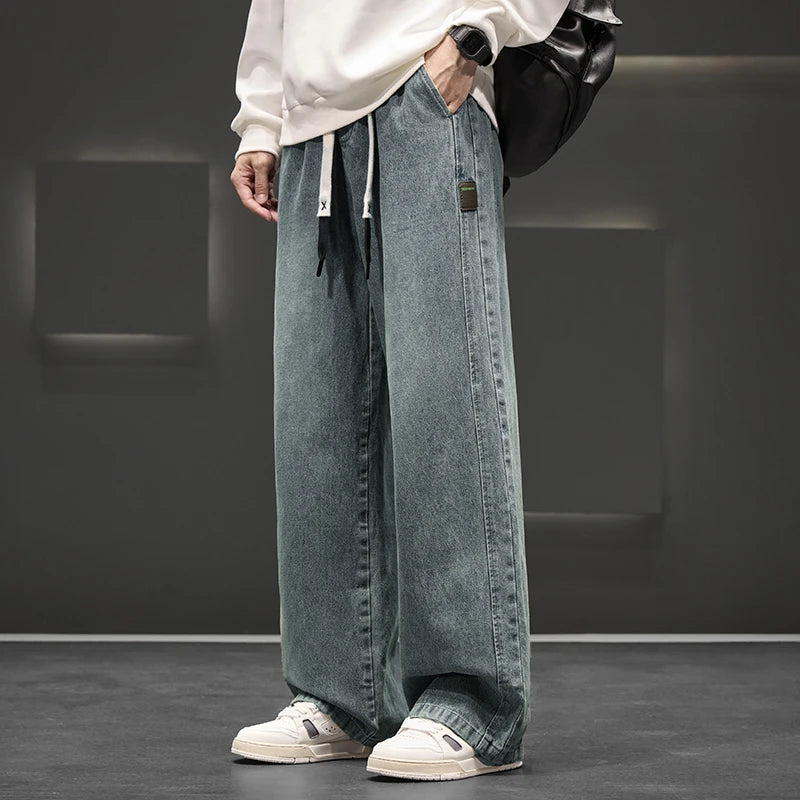 Men's Wide Leg Solid Cotton Blend Jeans - Neutral Trousers