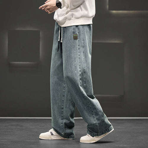 Men's Wide Leg Solid Cotton Blend Jeans - Neutral Trousers