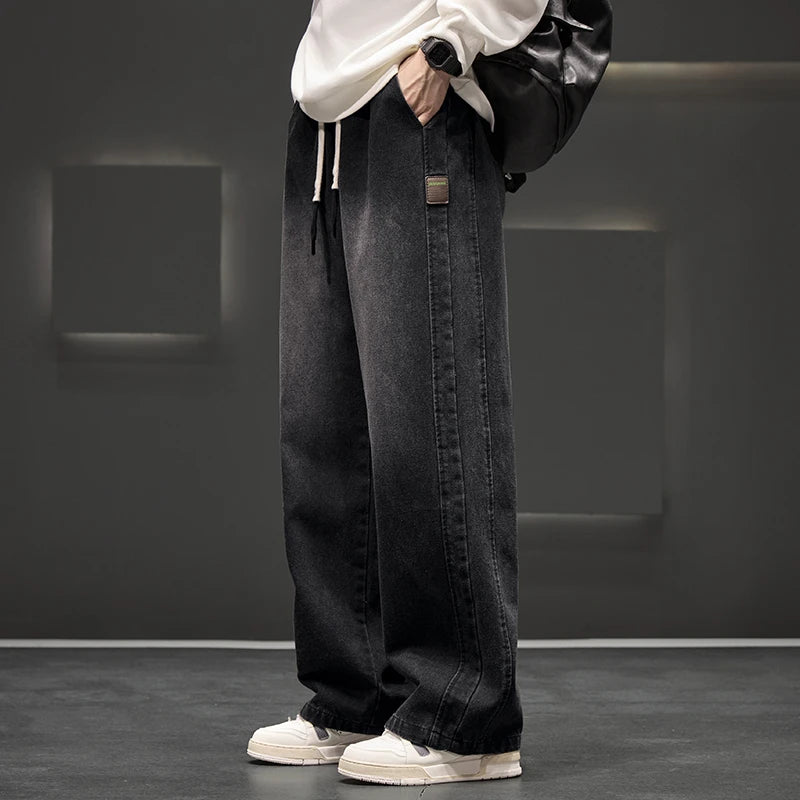 Men's Wide Leg Solid Cotton Blend Jeans - Neutral Trousers