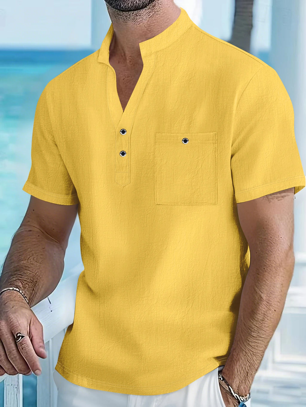 Men's Cotton Linen Short-Sleeve Shirt - Stand Collar Half-Button