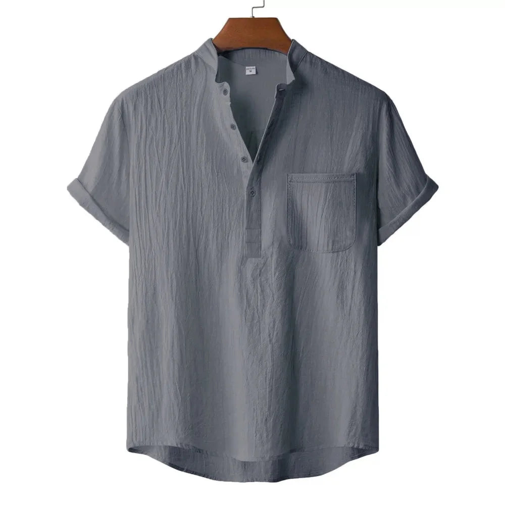 Men's Cotton Linen Henley T-Shirt - Short Sleeve Beach Style