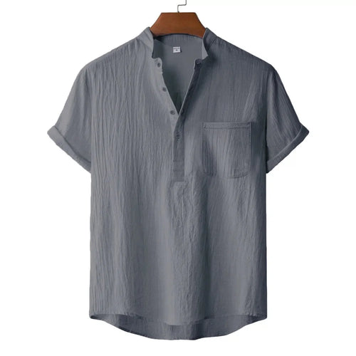 Men's Cotton Linen Henley T-Shirt - Short Sleeve Beach Style
