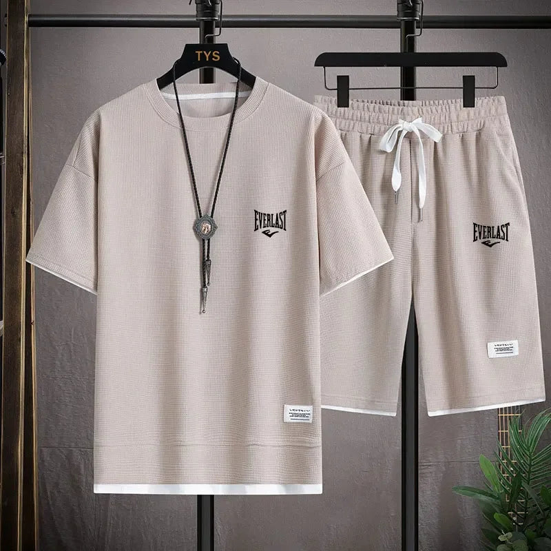 Men's 2-Piece Waffle Pattern Shorts Set Summer Tracksuit