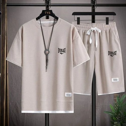 Men's 2-Piece Waffle Pattern Shorts Set Summer Tracksuit