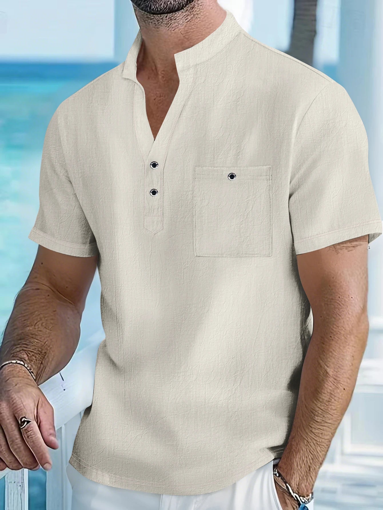 Men's Cotton Linen Short-Sleeve Shirt - Stand Collar Half-Button