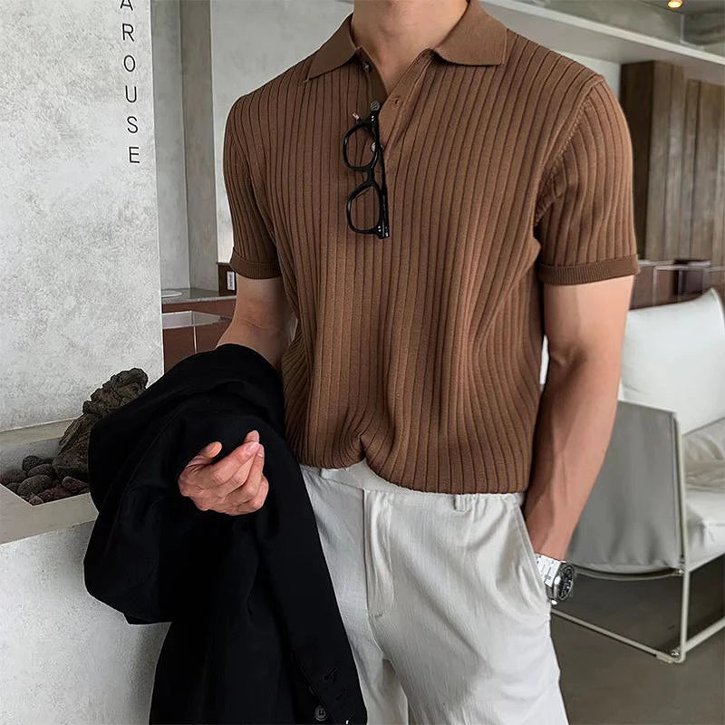 Men's Retro Striped Knit Polo Shirt - Short Sleeve Lapel