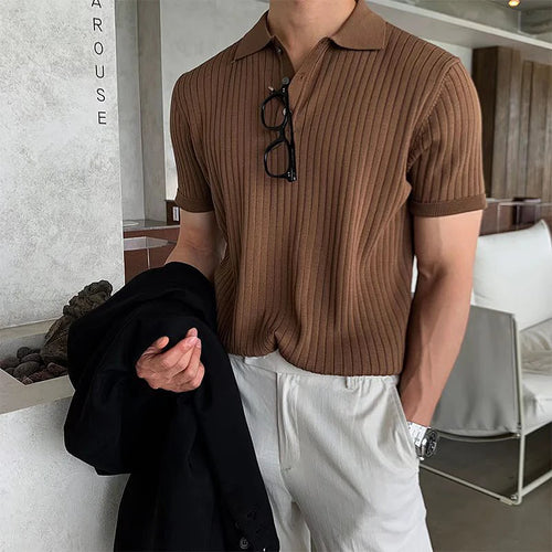 Men's Retro Striped Knit Polo Shirt - Short Sleeve Lapel