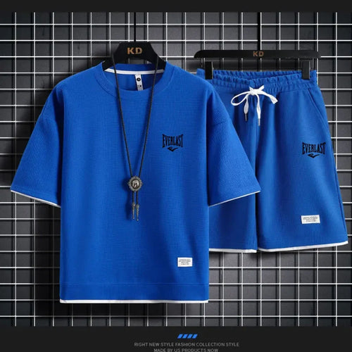 Men's 2-Piece Waffle Pattern Shorts Set Summer Tracksuit