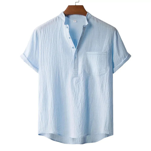Men's Cotton Linen Henley T-Shirt - Short Sleeve Beach Style