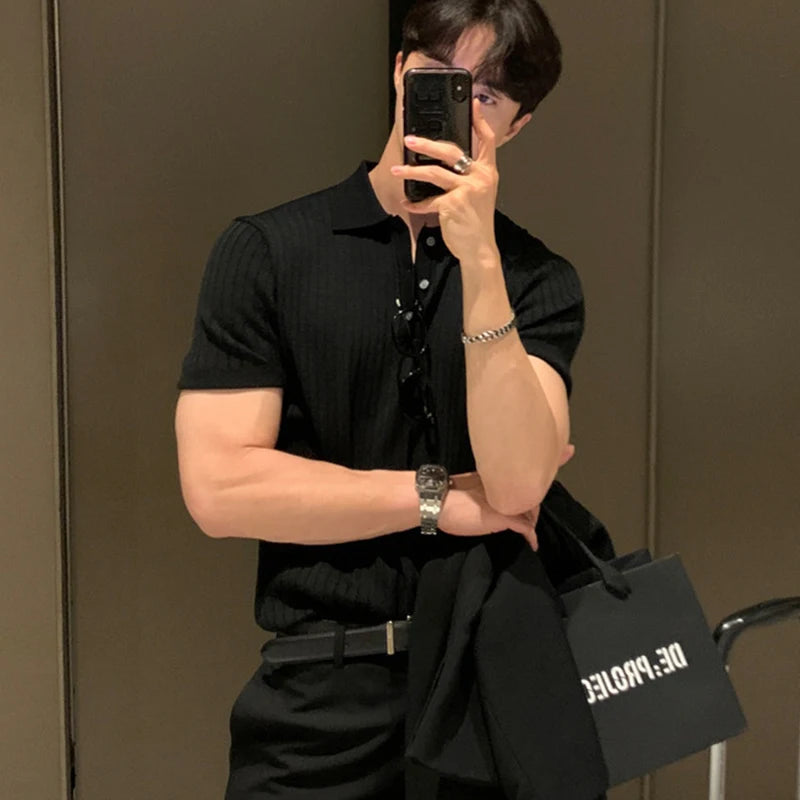 Men's Retro Striped Knit Polo Shirt - Short Sleeve Lapel