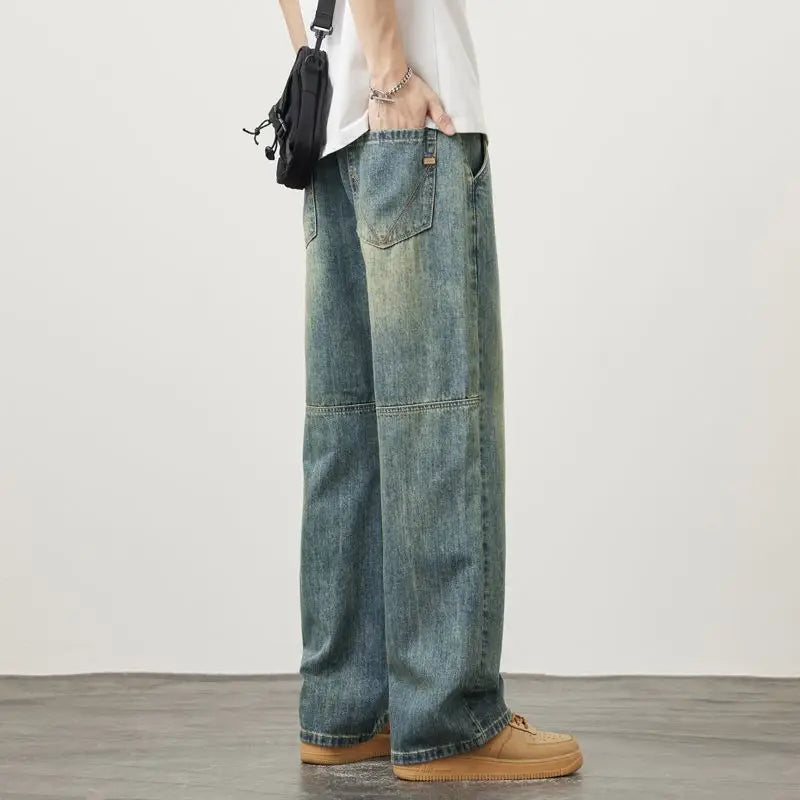Splicing Design Wide-Leg Jeans - Korean Retro Straight Pants