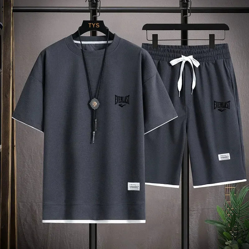 Men's 2-Piece Waffle Pattern Shorts Set Summer Tracksuit