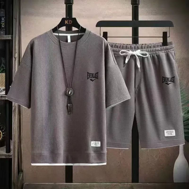 Men's 2-Piece Waffle Pattern Shorts Set Summer Tracksuit