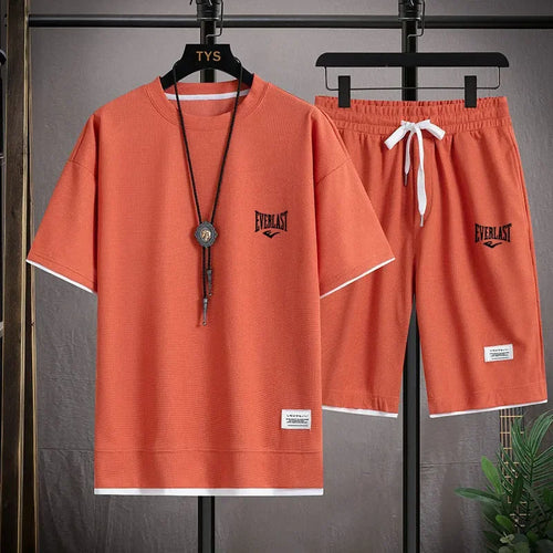 Men's 2-Piece Waffle Pattern Shorts Set Summer Tracksuit