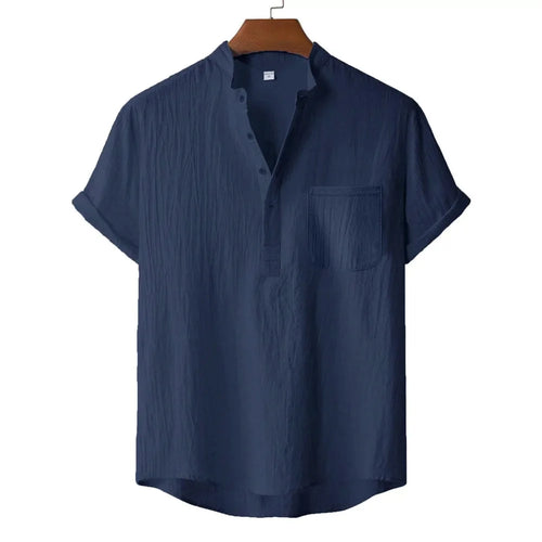 Men's Cotton Linen Henley T-Shirt - Short Sleeve Beach Style