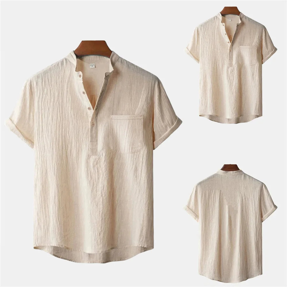 Men's Cotton Linen Henley T-Shirt - Short Sleeve Beach Style