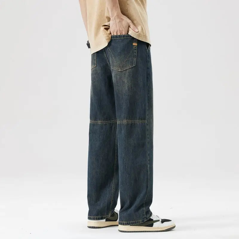 Splicing Design Wide-Leg Jeans - Korean Retro Straight Pants