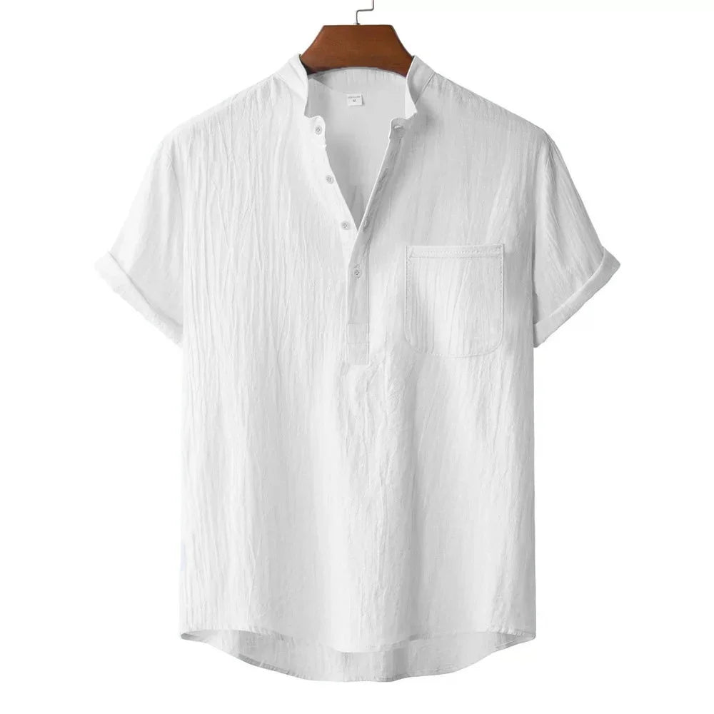 Men's Cotton Linen Henley T-Shirt - Short Sleeve Beach Style