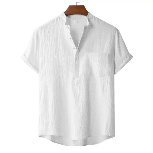 Men's Cotton Linen Henley T-Shirt - Short Sleeve Beach Style