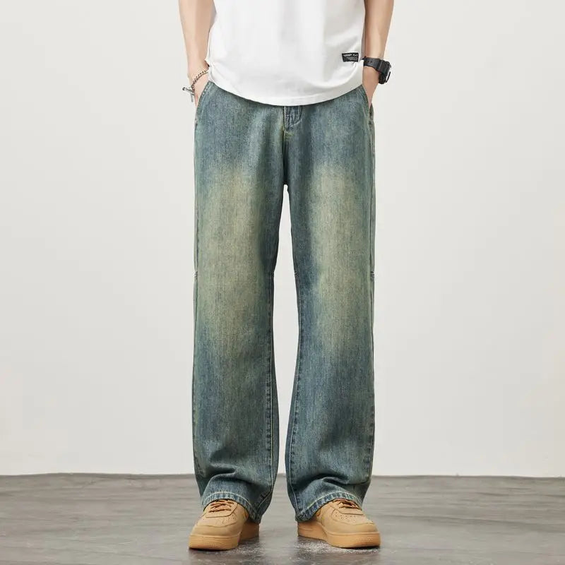 Splicing Design Wide-Leg Jeans - Korean Retro Straight Pants