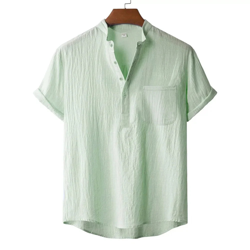 Men's Cotton Linen Henley T-Shirt - Short Sleeve Beach Style