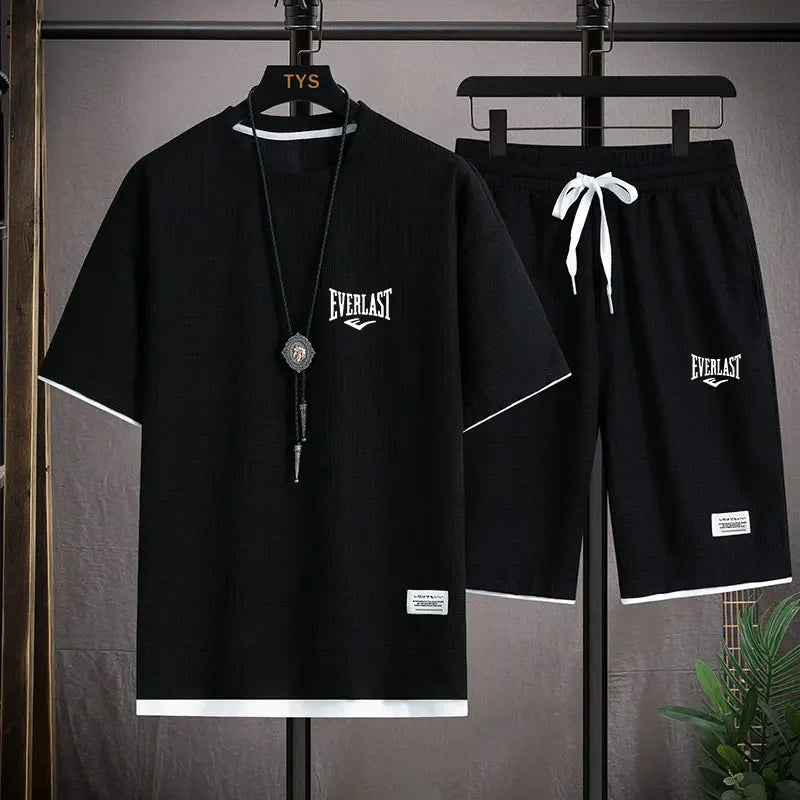 Men's 2-Piece Waffle Pattern Shorts Set Summer Tracksuit