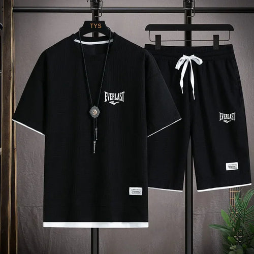 Men's 2-Piece Waffle Pattern Shorts Set Summer Tracksuit