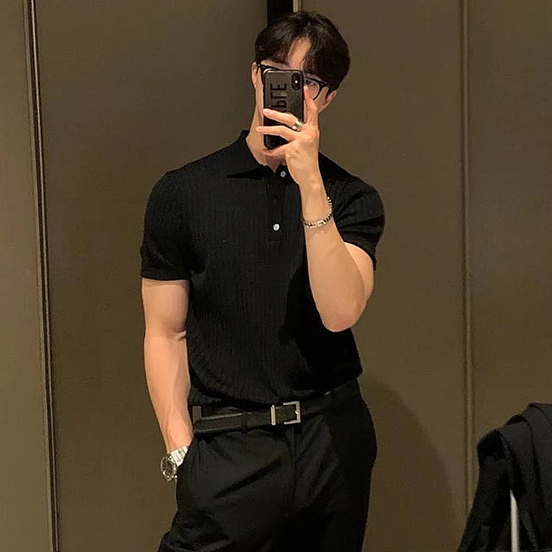 Men's Retro Striped Knit Polo Shirt - Short Sleeve Lapel