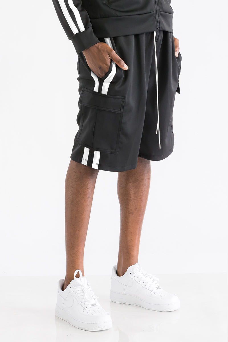 Two Stripe Cargo Pocket Track Shorts - Elastic Waist